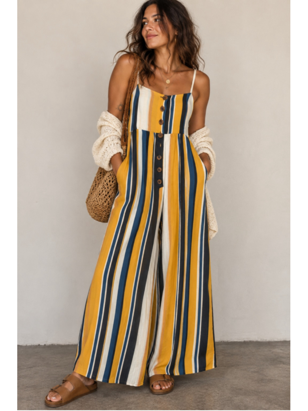Urban Outfitters UO Tootsie Striped Button Front Wide Leg Jumpsuit Size M